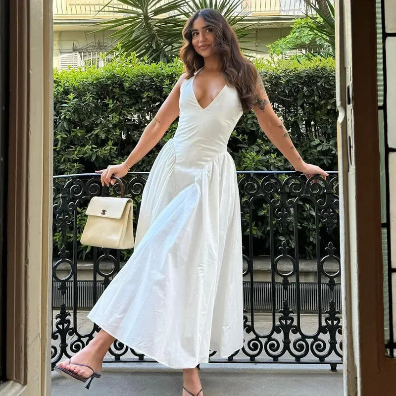 Backless Deep V Spliced Long Dress | Summer Women's Sexy Party & Halter Fashion Slim White Sleeveless Dress Dress LUNARITY GARAGE