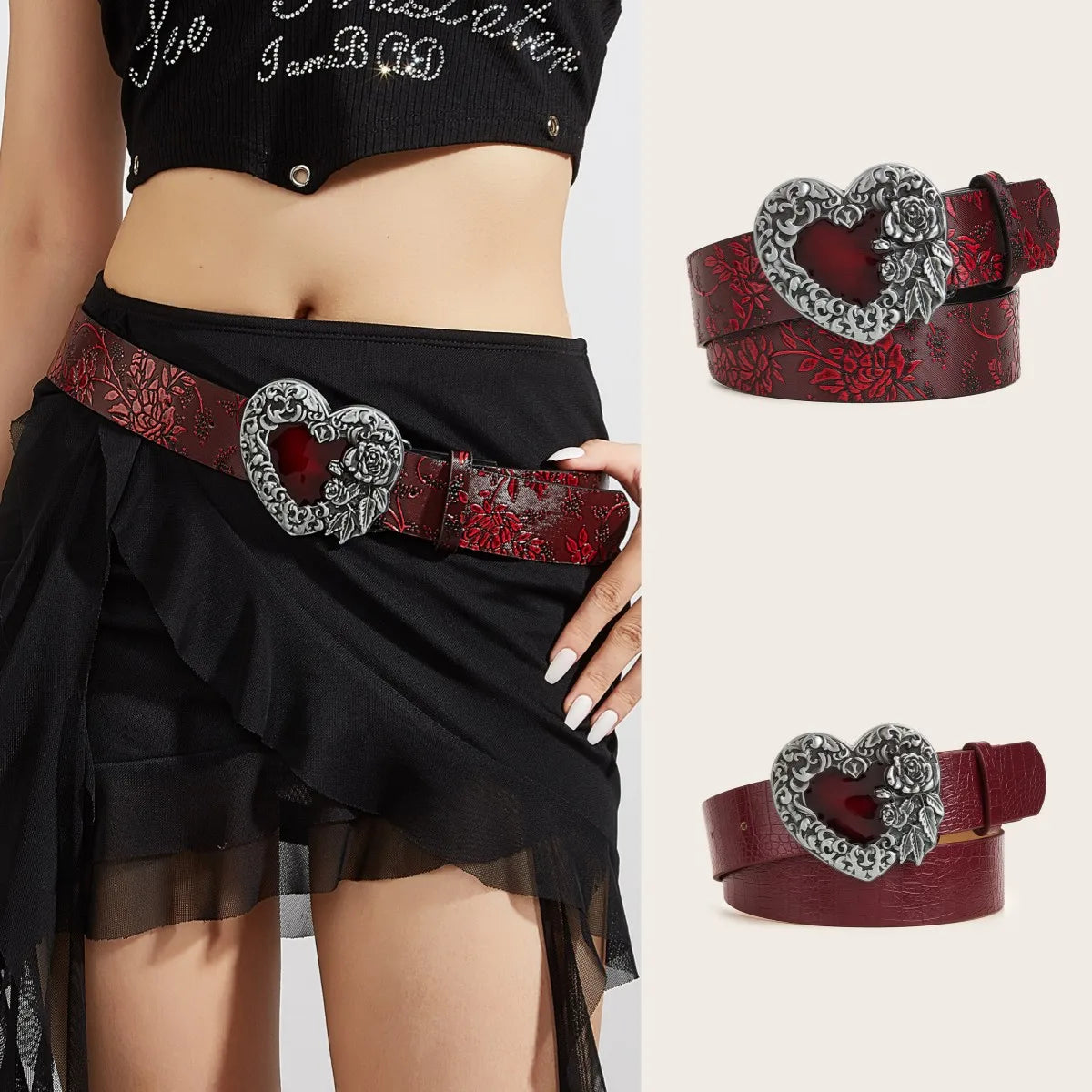 Wine Red Heart Carved Belt – Romantic & Chic Accessory Belt LUNARITY GARAGE