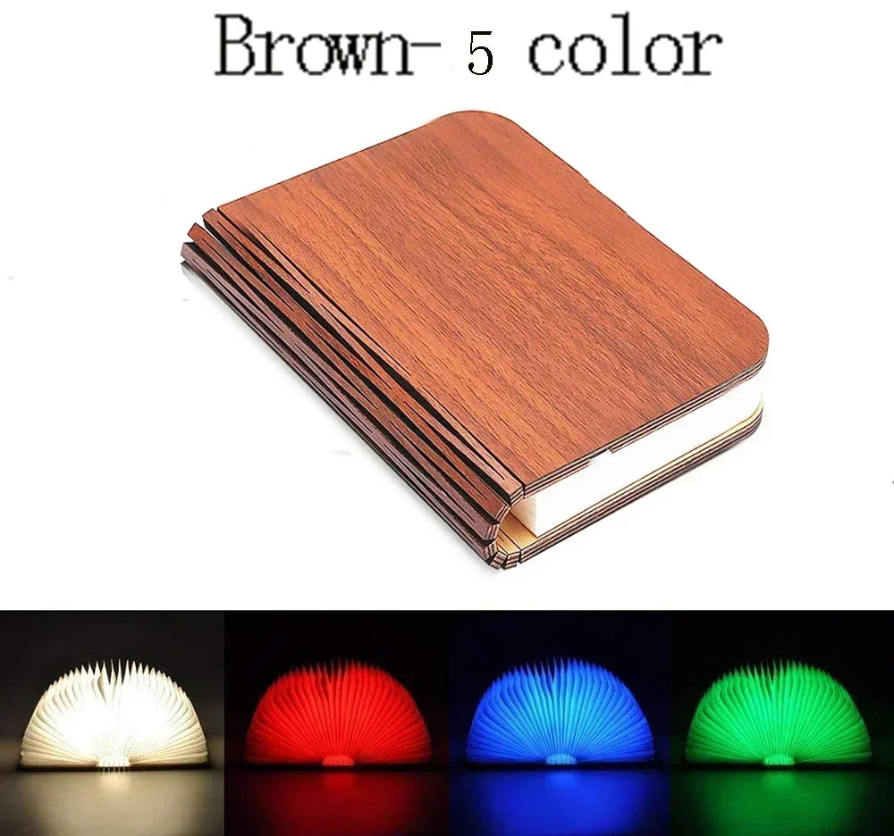 3D Folding RGB LED Book Light – USB Rechargeable Wooden Night Lamp for Bedroom & Desk Decor Night Lights LUNARITY GARAGE Brown-5 colors S-10x8x2.5cm