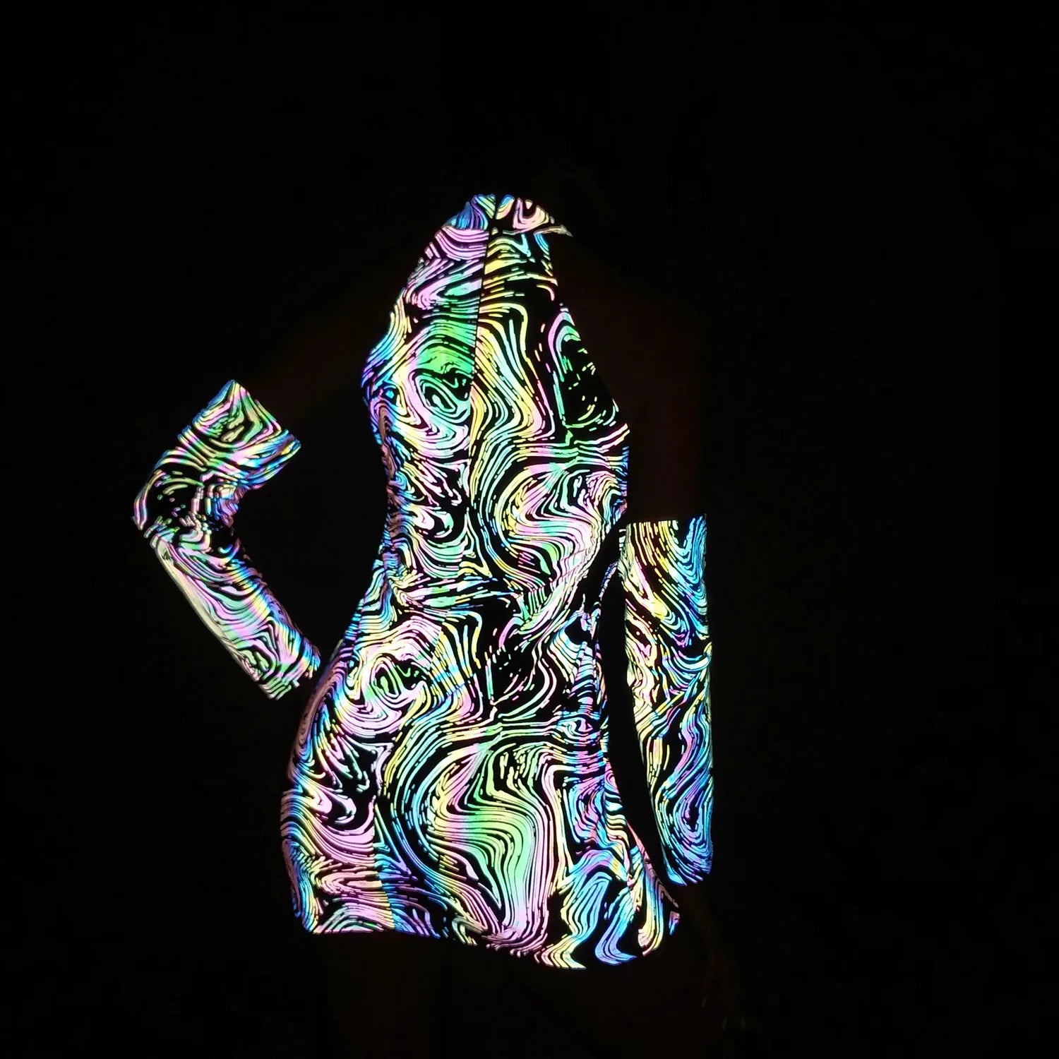 Reflective Halter Dress – Rainbow Mini Party Rave Festival Dress with Detachable Sleeves Dress LUNARITY GARAGE