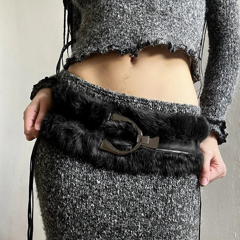 Winter Vintage Furry Patchwork Belt - PU Leather Decorative Waistband for Women Vintage Belt LUNARITY GARAGE Black