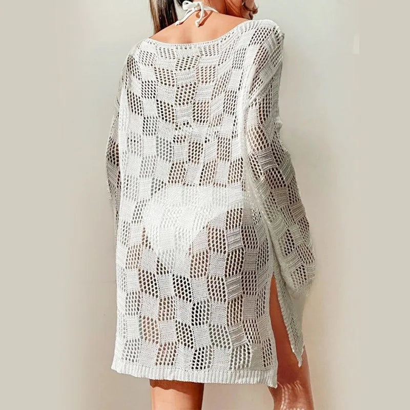 Knitted Long Sleeve Beach Cover-Up – Hollow-Out Beach Dress cover ups LUNARITY GARAGE