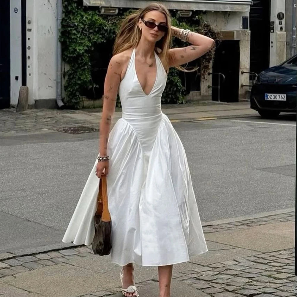 Backless Deep V Spliced Long Dress | Summer Women's Sexy Party & Halter Fashion Slim White Sleeveless Dress Dress LUNARITY GARAGE