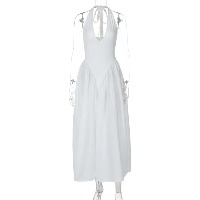 Backless Deep V Spliced Long Dress | Summer Women's Sexy Party & Halter Fashion Slim White Sleeveless Dress Dress LUNARITY GARAGE