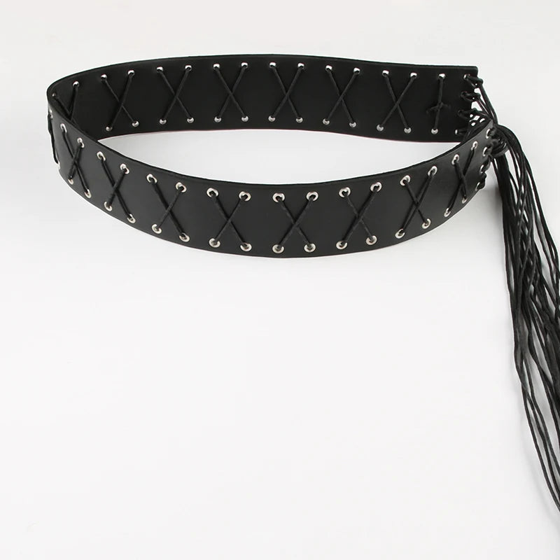 Vintage Bandage Tassel PU Belt – Y2K Hollow Out Decorative Waistband belt LUNARITY GARAGE