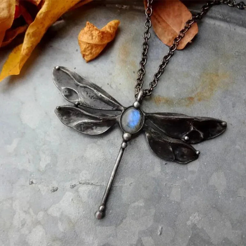 Vintage Dragonfly Moonstone Charm Rope Choker Necklace Necklace Lunarity Garage Necklace 2