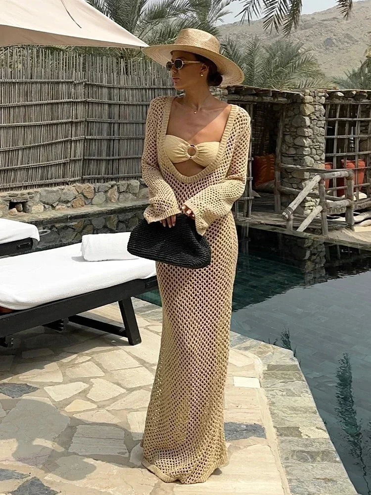 Sexy U-Neck Bell Sleeve Knit Maxi Dress | Summer Beach Cover-Up & Holi LUNARITY GARAGE Sexy U-Neck Bell Sleeve Knit Maxi Dress | Summer Beach Cover-Up & Holi LUNARITY GARAGE