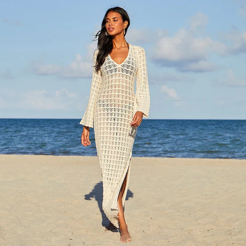 White Knitted Beach Maxi Long Dress | Versatile Bikini Cover-Up & Saro LUNARITY GARAGE White Knitted Beach Maxi Long Dress | Versatile Bikini Cover-Up & Saro LUNARITY GARAGE