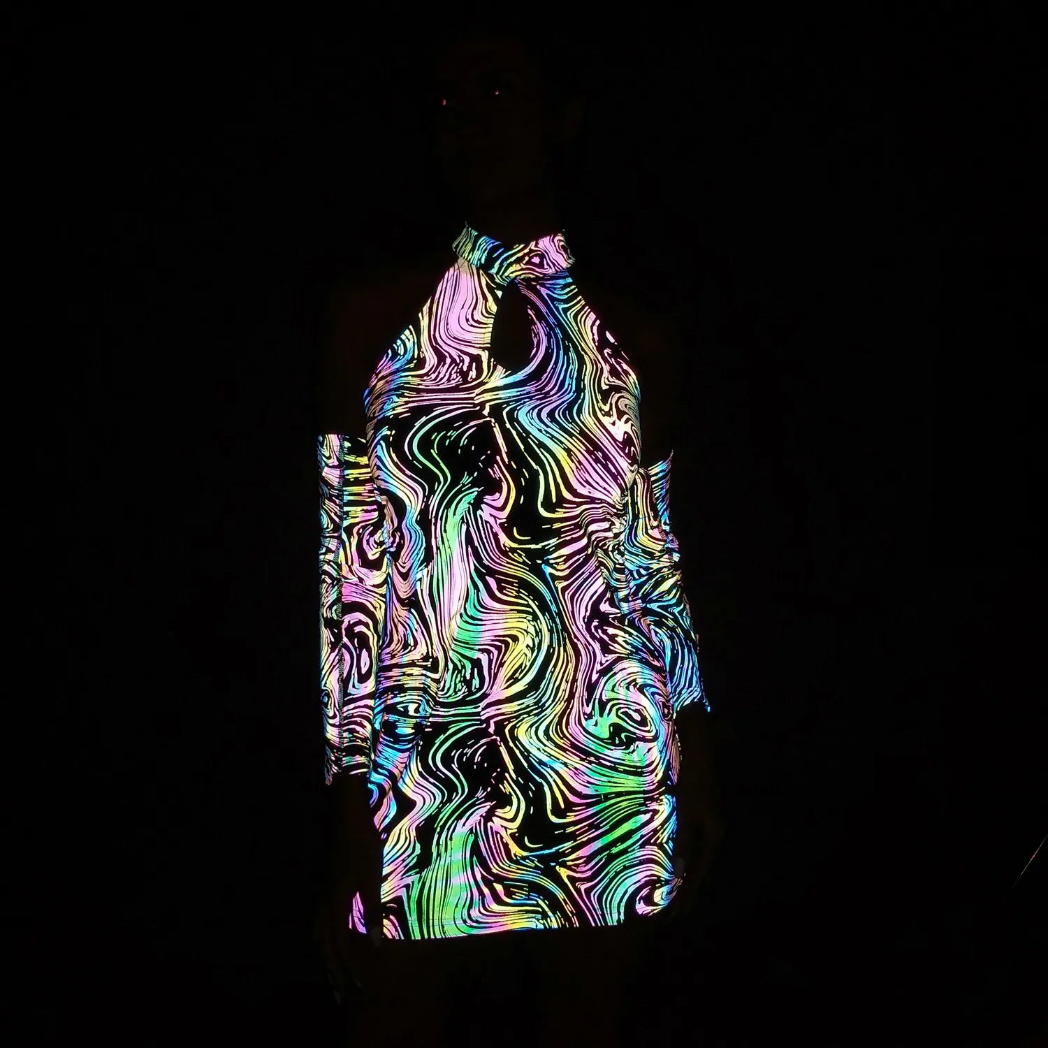 Reflective Halter Dress – Rainbow Mini Party Rave Festival Dress with Detachable Sleeves Dress LUNARITY GARAGE
