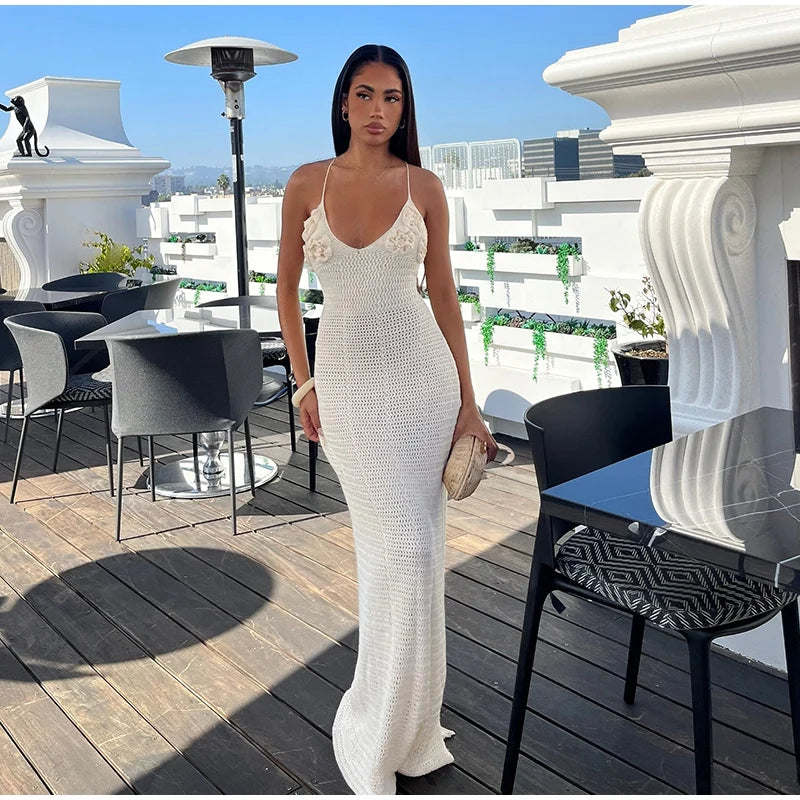 Sexy Knit 3D Flower Long Halter Dress | Slim Beach Sleeveless Backless LUNARITY GARAGE Sexy Knit 3D Flower Long Halter Dress | Slim Beach Sleeveless Backless LUNARITY GARAGE