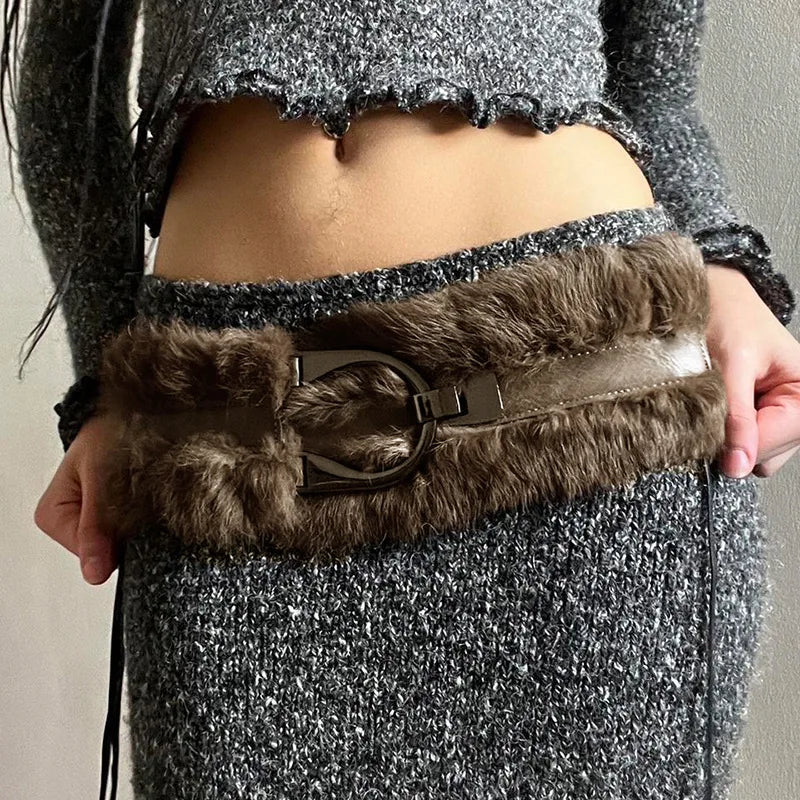 Winter Vintage Furry Patchwork Belt - PU Leather Decorative Waistband for Women Vintage Belt LUNARITY GARAGE Brown