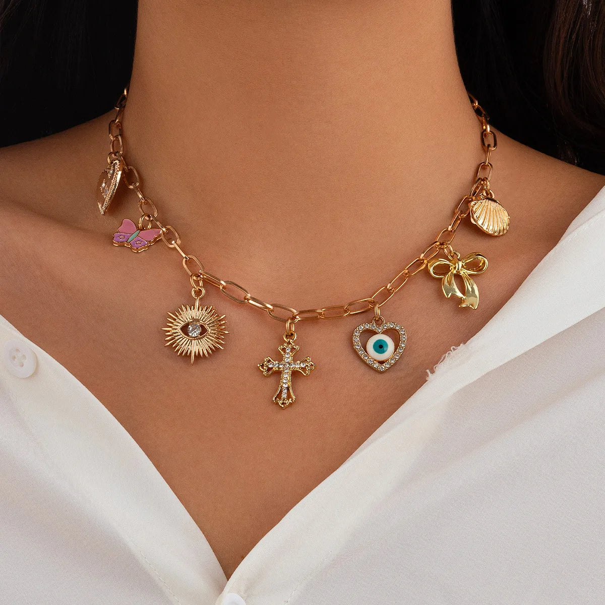 14K Gold Boho Seashell Cross Charm Necklaces Necklace Lunarity Garage 04