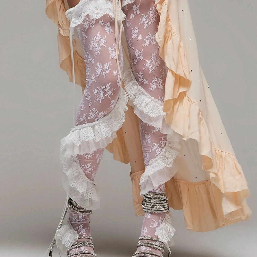 Y2K Vintage Lace Thigh High Sheer Ruffle Stockings Socks Lunarity Garage
