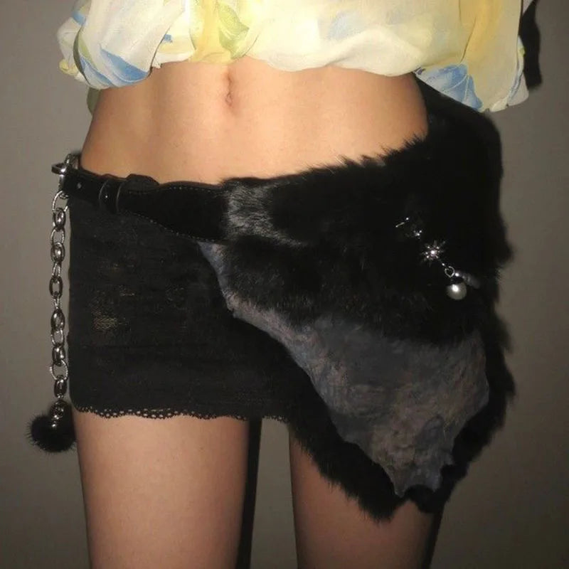 Y2K Black Rabbit Fur Belt - Pearl Chain Star Gothic Punk Cowgirl Waistband Belt LUNARITY GARAGE