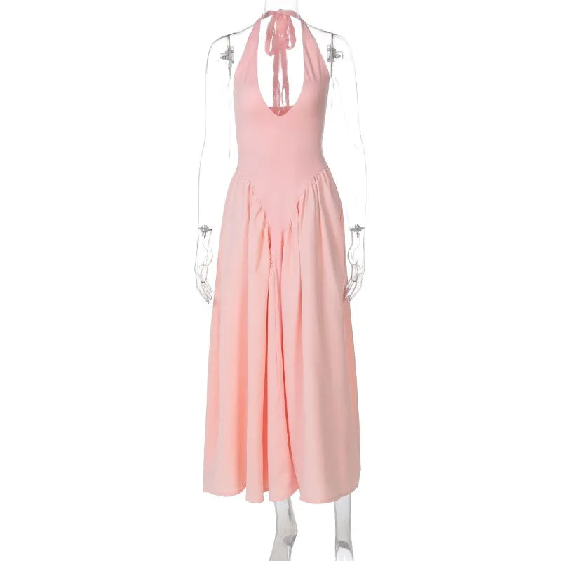 Backless Deep V Spliced Long Dress | Summer Women's Sexy Party & Halter Fashion Slim White Sleeveless Dress Dress LUNARITY GARAGE