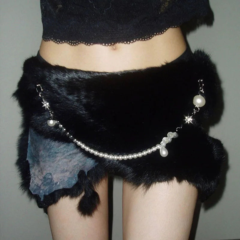 Y2K Black Rabbit Fur Belt - Pearl Chain Star Gothic Punk Cowgirl Waistband Belt LUNARITY GARAGE Black One Size