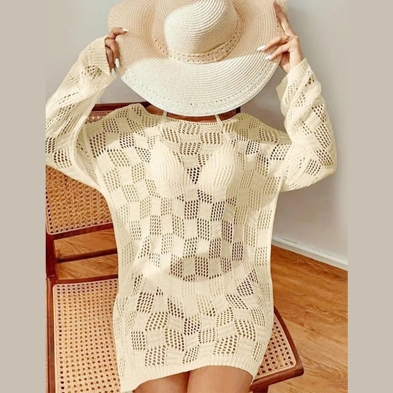 Knitted Long Sleeve Beach Cover-Up – Hollow-Out Beach Dress cover ups LUNARITY GARAGE
