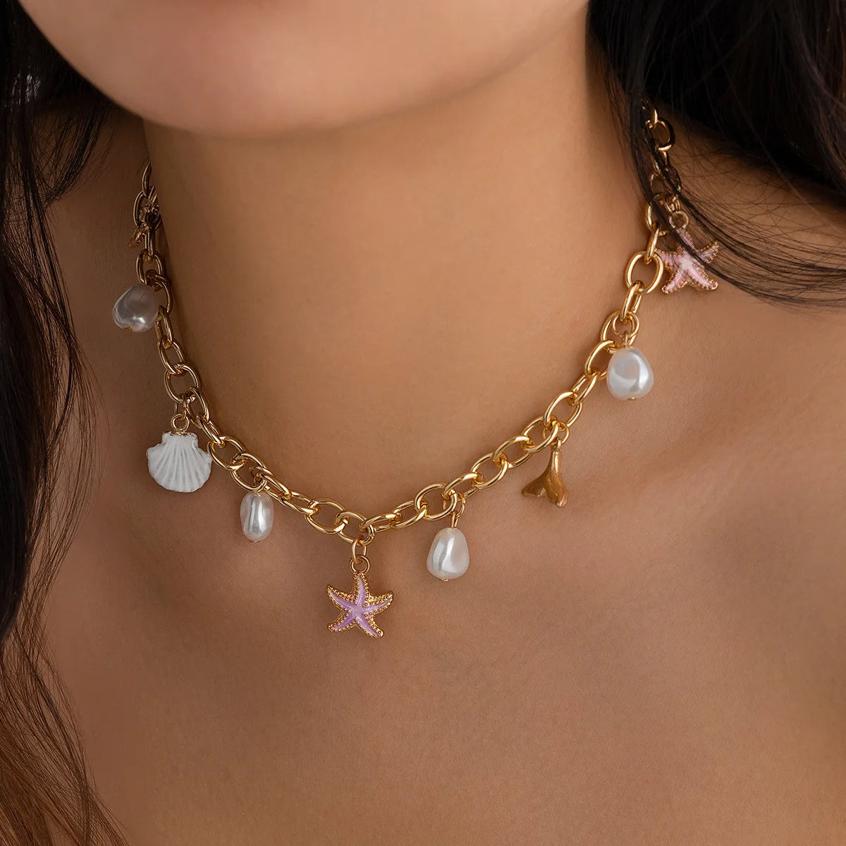 14K Gold Boho Seashell Cross Charm Necklaces Necklace Lunarity Garage 01