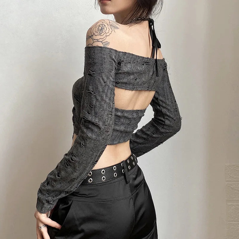 Gray Gothic Lace Cutout Long Sleeve Tuxedo Top top LUNARITY GARAGE
