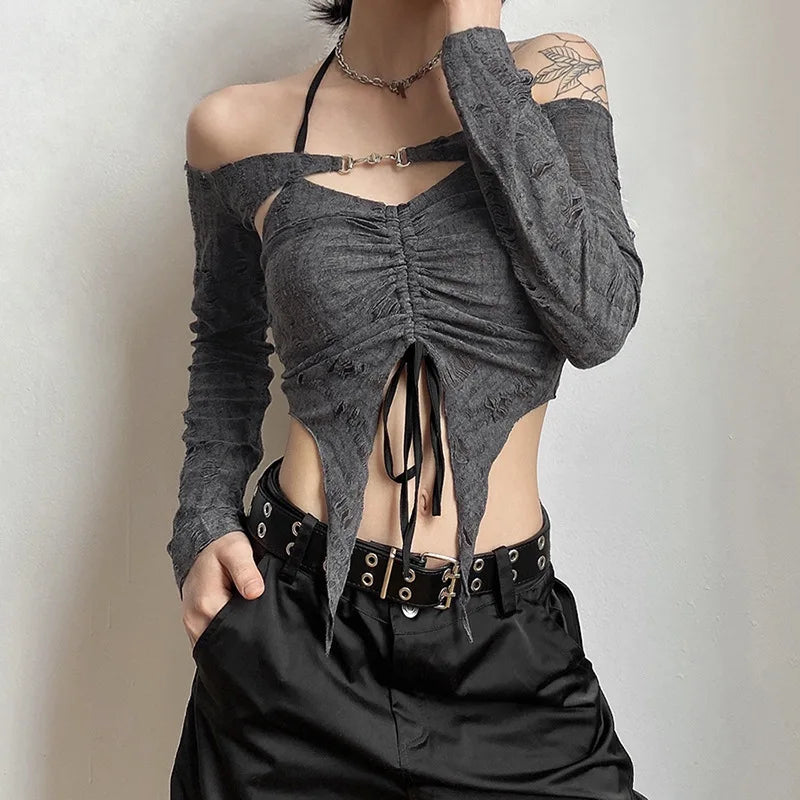 Gray Gothic Lace Cutout Long Sleeve Tuxedo Top top LUNARITY GARAGE