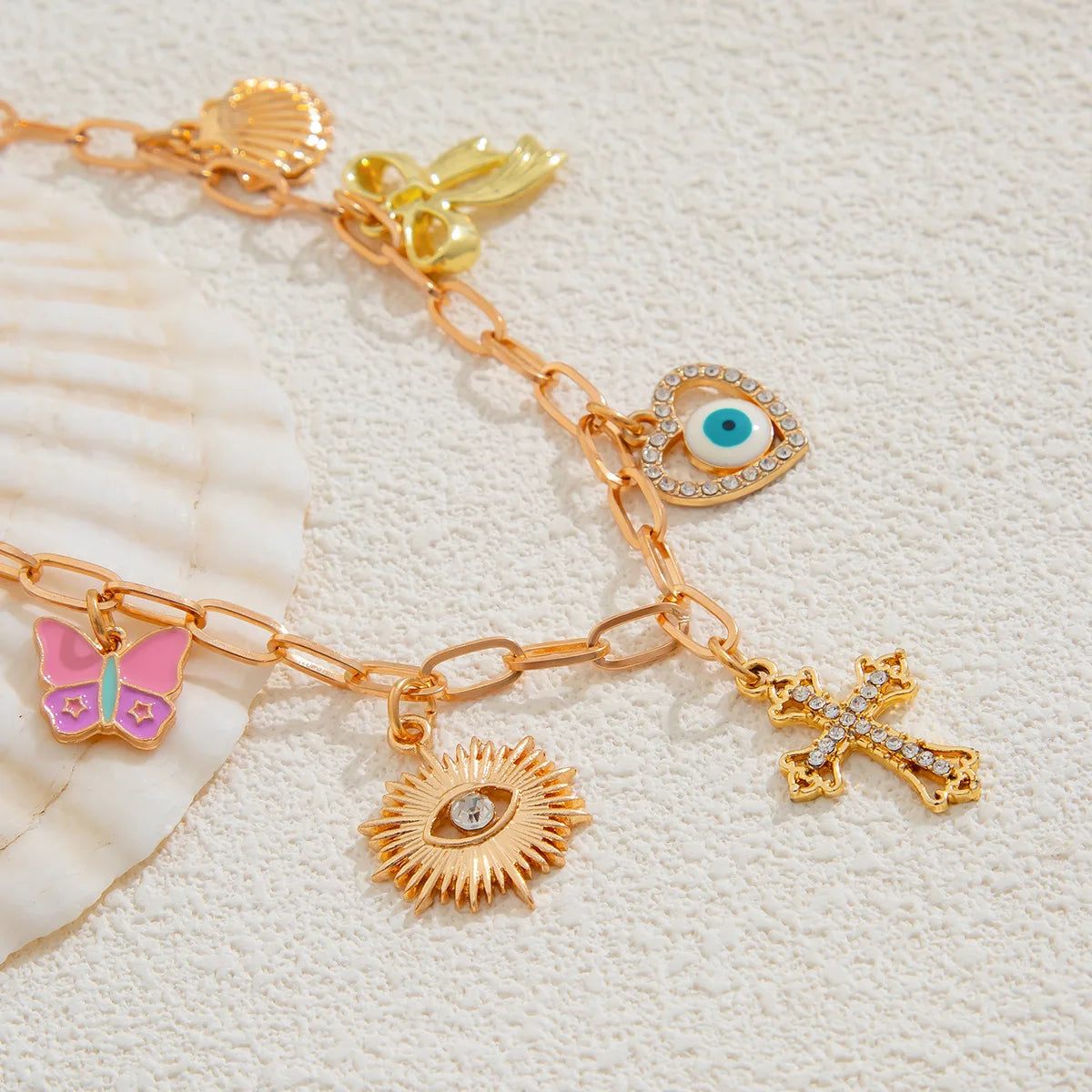 14K Gold Boho Seashell Cross Charm Necklaces Necklace Lunarity Garage