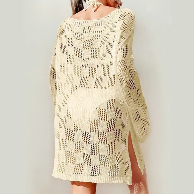 Knitted Long Sleeve Beach Cover-Up – Hollow-Out Beach Dress cover ups LUNARITY GARAGE