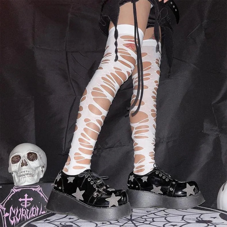 Y2K Torn Strap Sexy Gothic Black Perforated Pantyhose Socks Lunarity Garage Half White One Size
