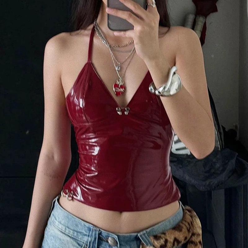 Halter V-Neck Sexy Backless Top - Metal Buckle Y2K Clubwear Tops LUNARITY GARAGE