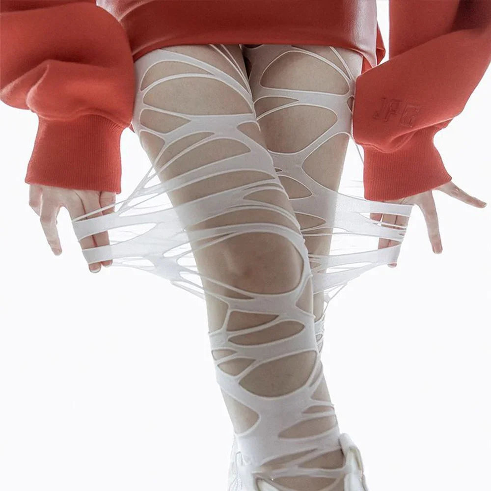 Y2K Torn Strap Sexy Gothic Black Perforated Pantyhose Socks Lunarity Garage