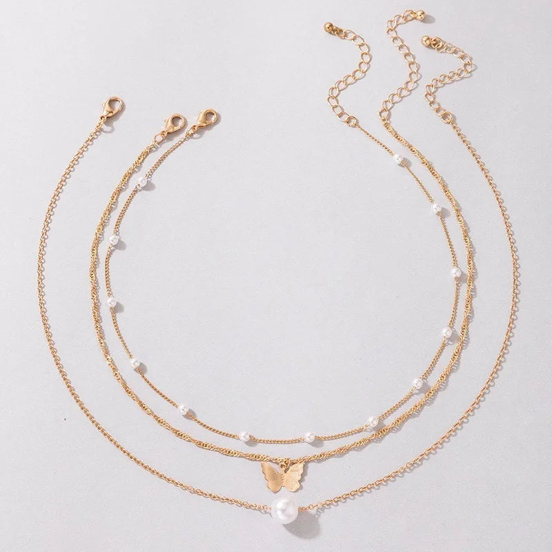 Bohemian Butterfly Three-Layer Pearl Pendant Necklace Necklace Lunarity Garage