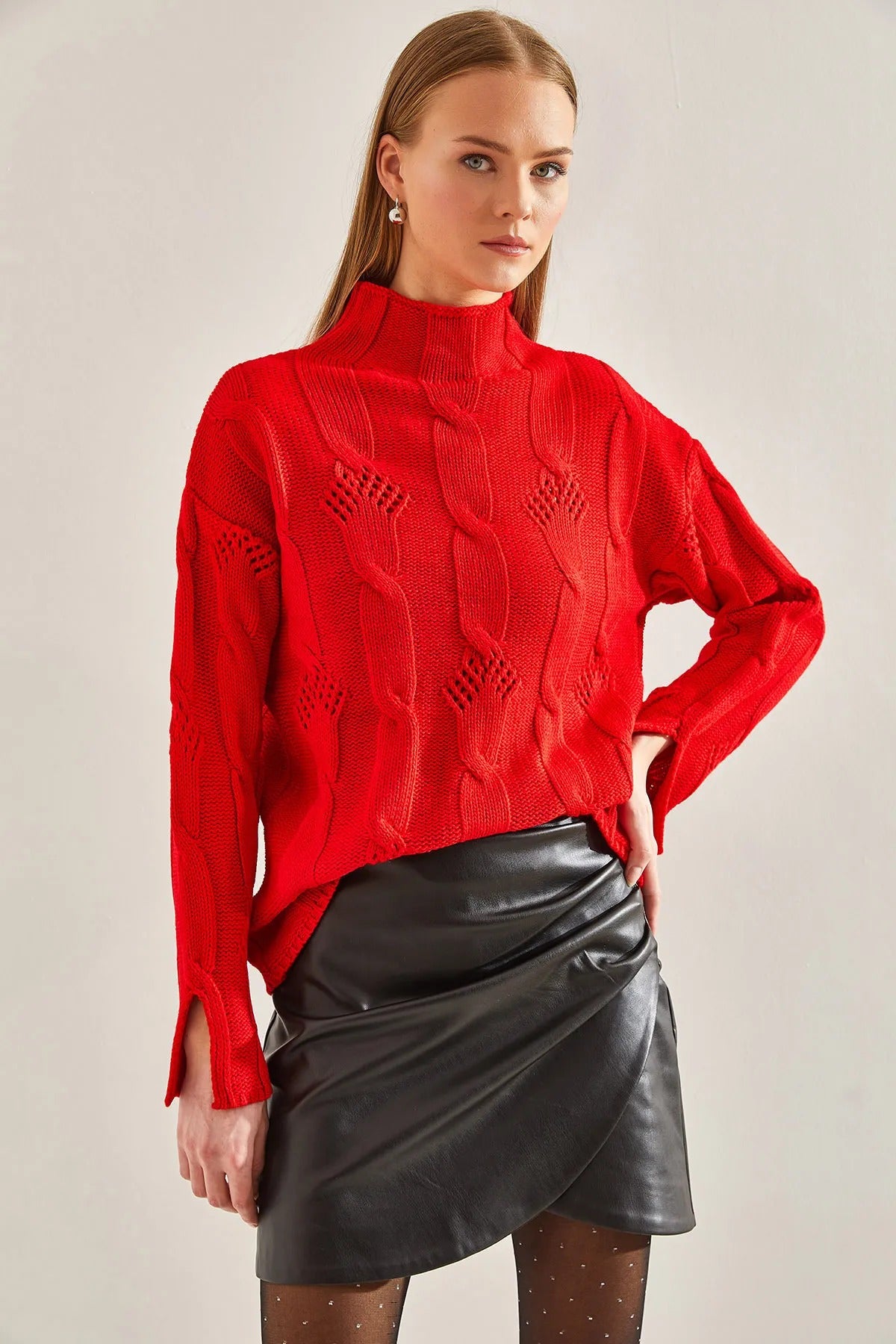 Women's Half-Turtleneck Cable Knit Sweater sweater LUNARITY GARAGE One Size Red