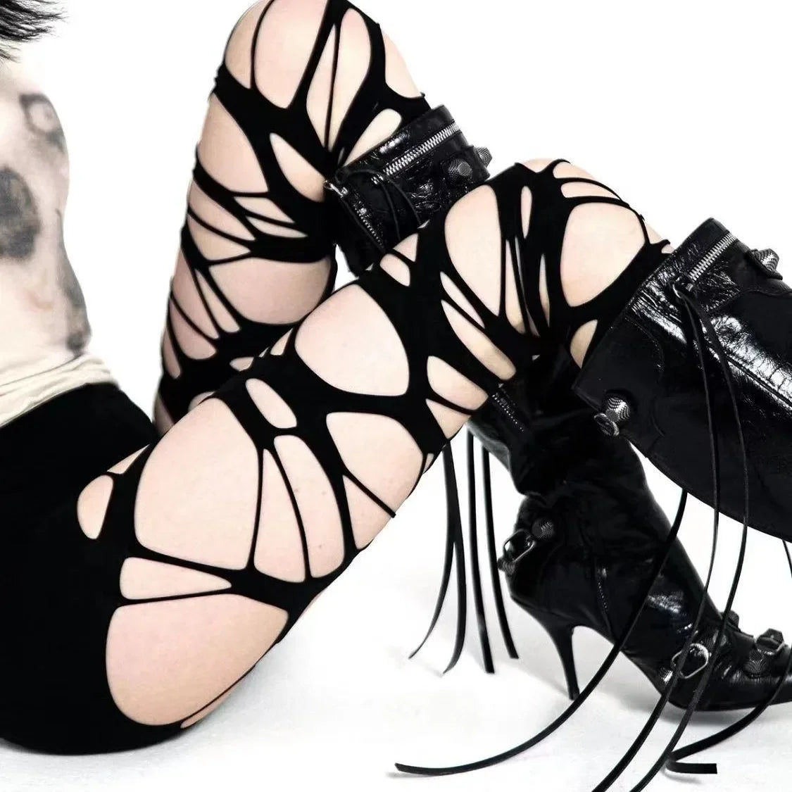 Y2K Torn Strap Sexy Gothic Black Perforated Pantyhose Socks Lunarity Garage