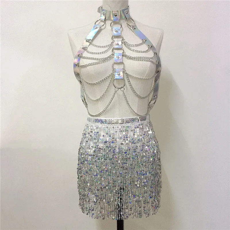 Holographic PU Harness Top & Sequins Fringe Skirt Set Outfit Set LUNARITY GARAGE Silver
