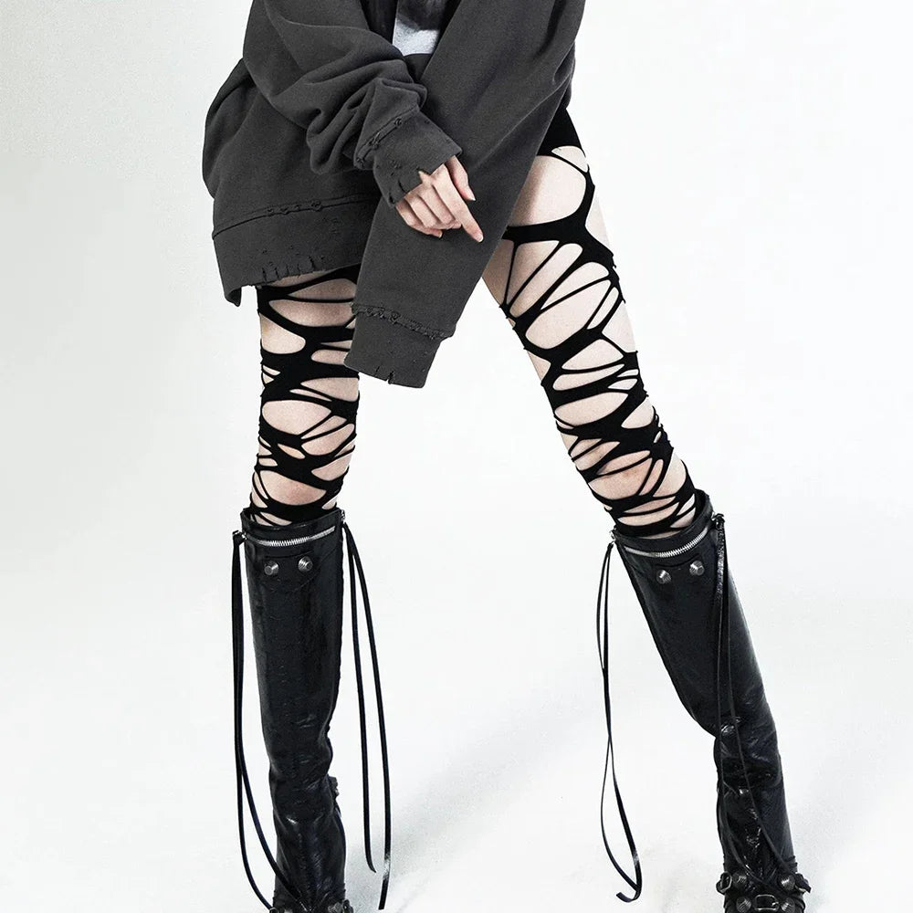 Y2K Torn Strap Sexy Gothic Black Perforated Pantyhose Socks Lunarity Garage