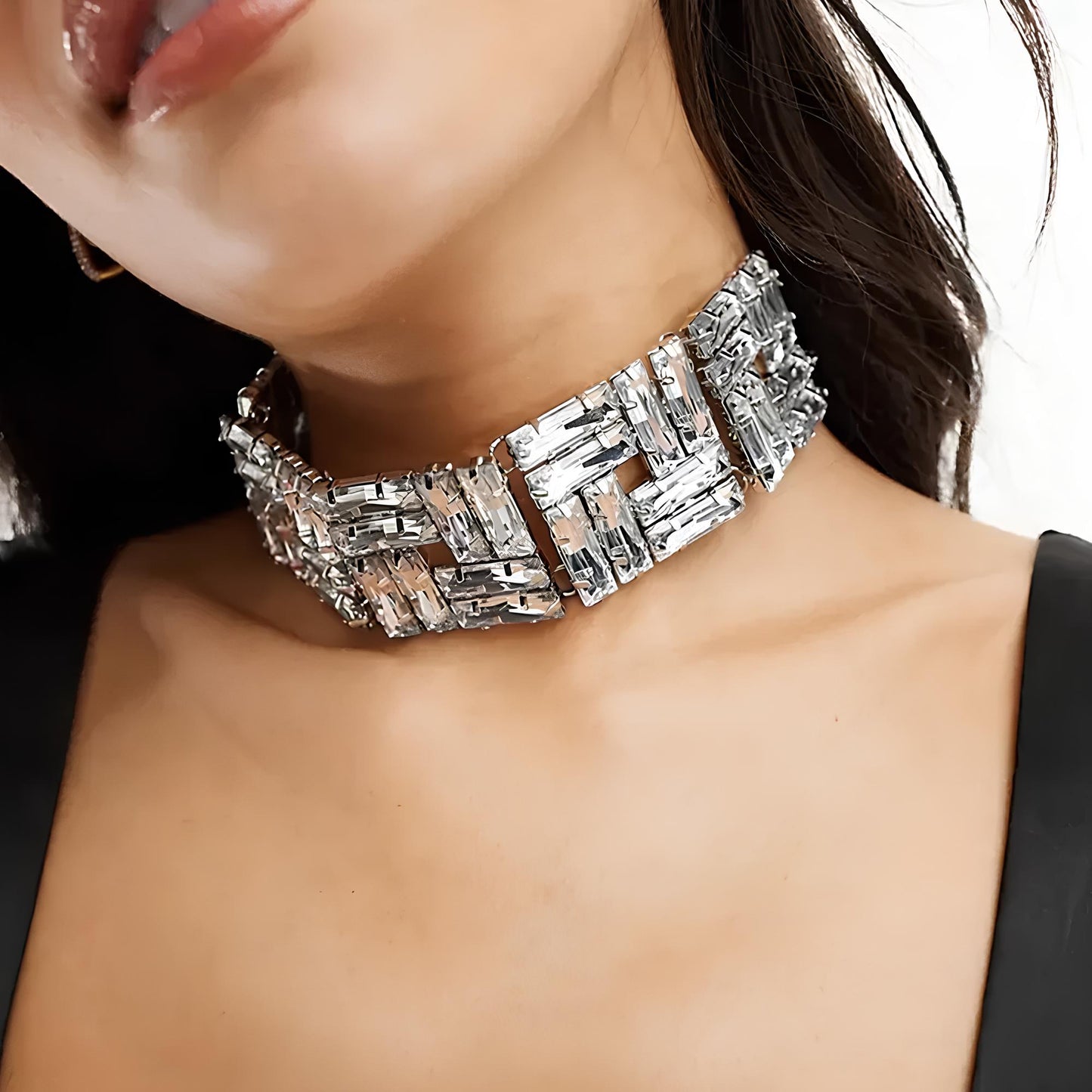 Luxury Square Crystal Baguette Choker Necklace Necklace Lunarity Garage Silver