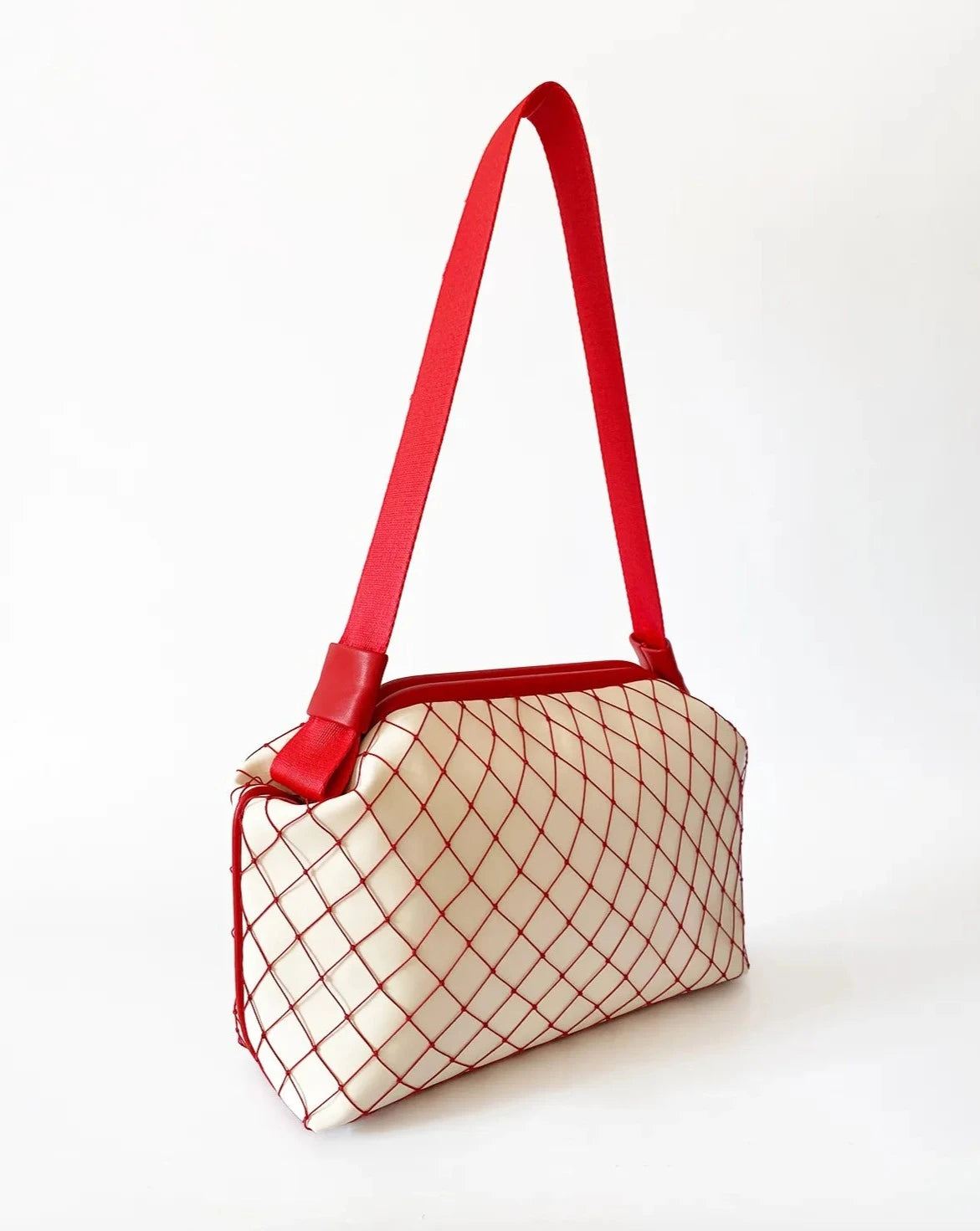Versatile Red Mesh Detail Cream Faux Leather Handbag handbags LUNARITY GARAGE