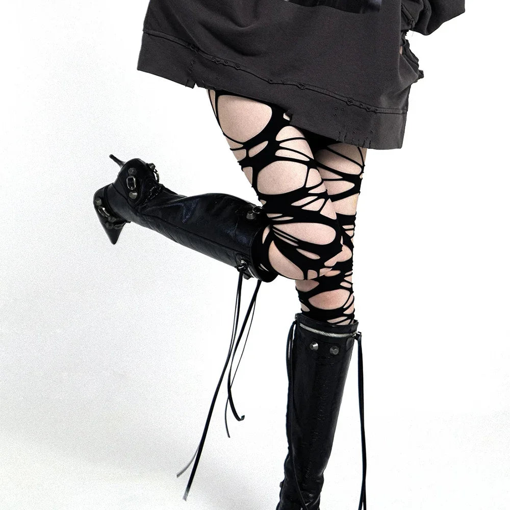 Y2K Torn Strap Sexy Gothic Black Perforated Pantyhose Socks Lunarity Garage