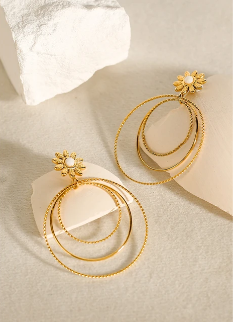 Geometric Multi-Layer Circle White Shell Flower Drop Earrings earrings LUNARITY GARAGE