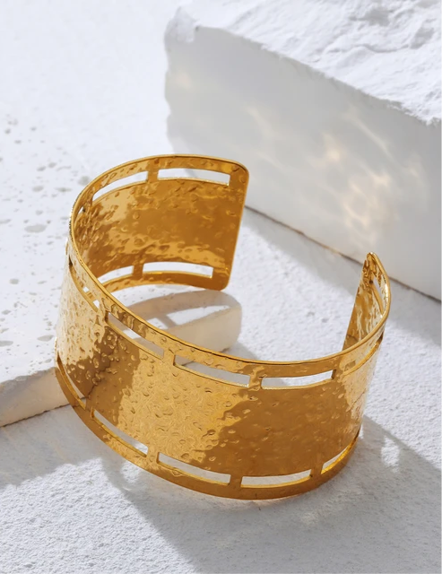 Ethnic Gold Plated Irregular Hammered Texture Cuff Bracelet bracelets LUNARITY GARAGE   