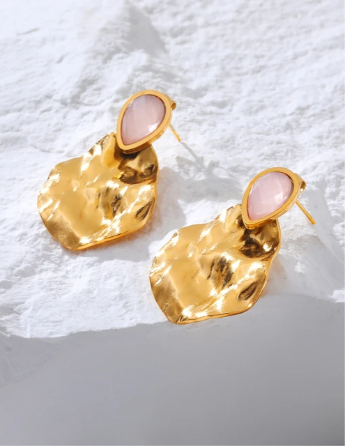 Vintage Gold Plated Exquisite Pink Natural Stone Drop Earrings earrings LUNARITY GARAGE   