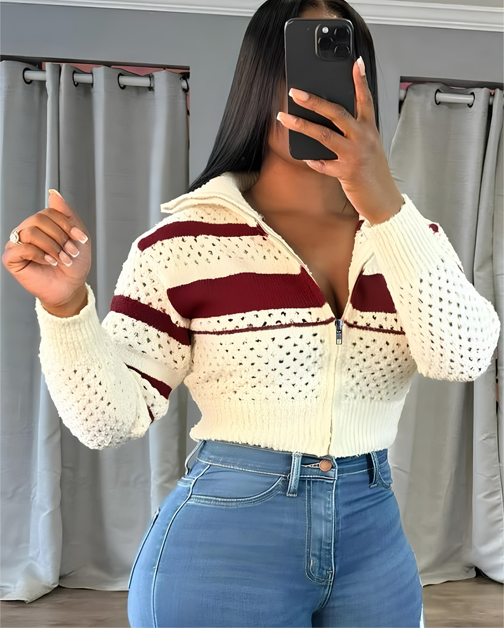 Hollow Stripe Crochet Crop Sweater – Y2K Full Sleeve Zip Knit Jacket Jackets Lunarity Garage