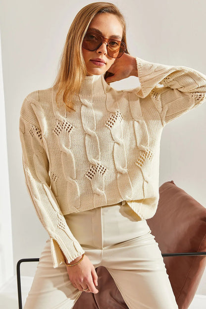 Women's Half-Turtleneck Cable Knit Sweater sweater LUNARITY GARAGE One Size Beige