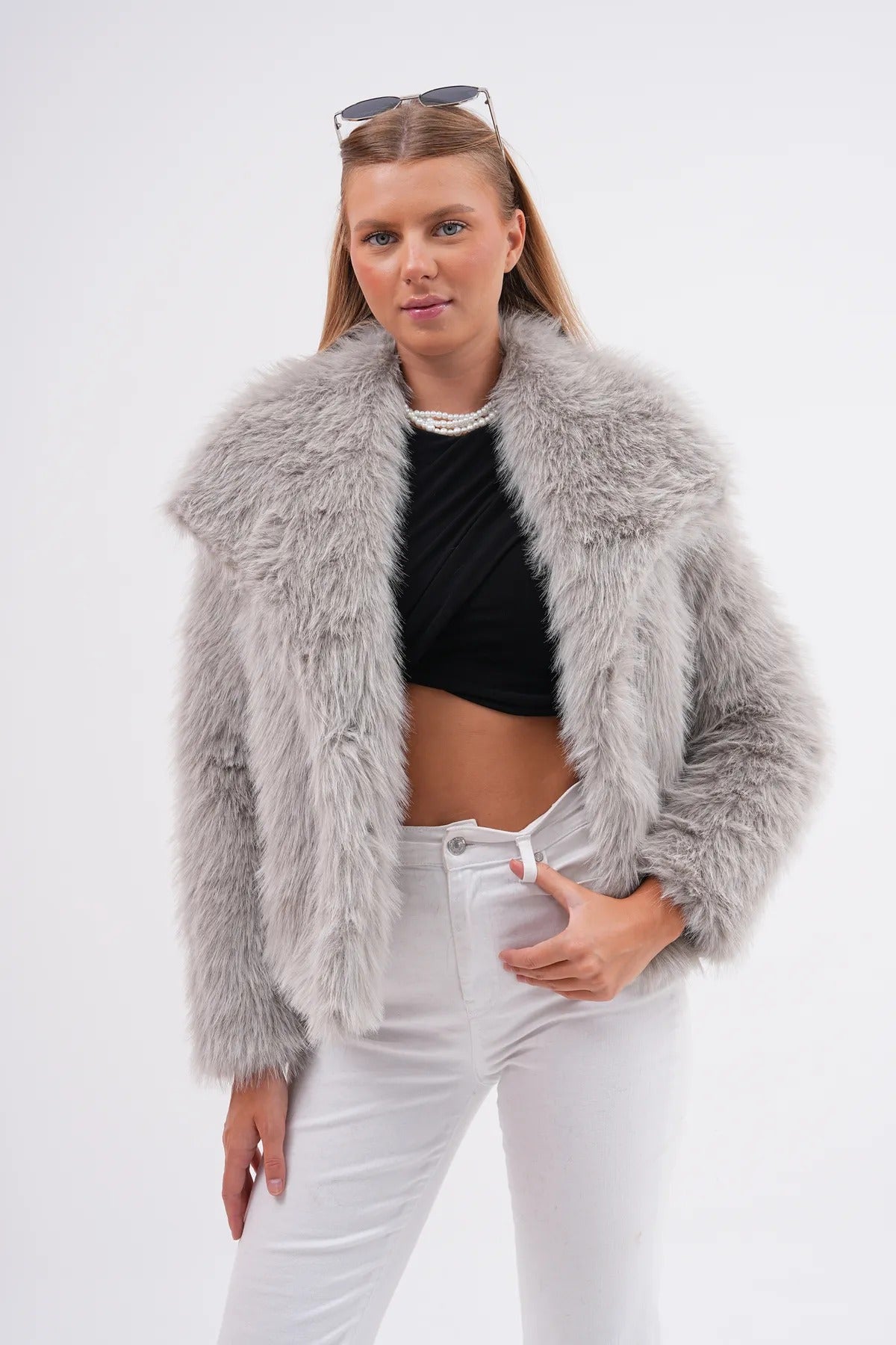 Wide Collar Faux Fur Jacket – Soft Gray faux fur coat LUNARITY GARAGE