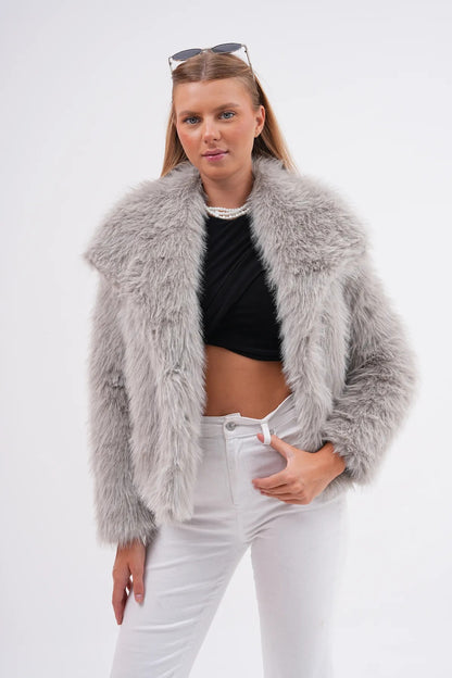 Wide Collar Faux Fur Jacket – Soft Gray faux fur coat LUNARITY GARAGE