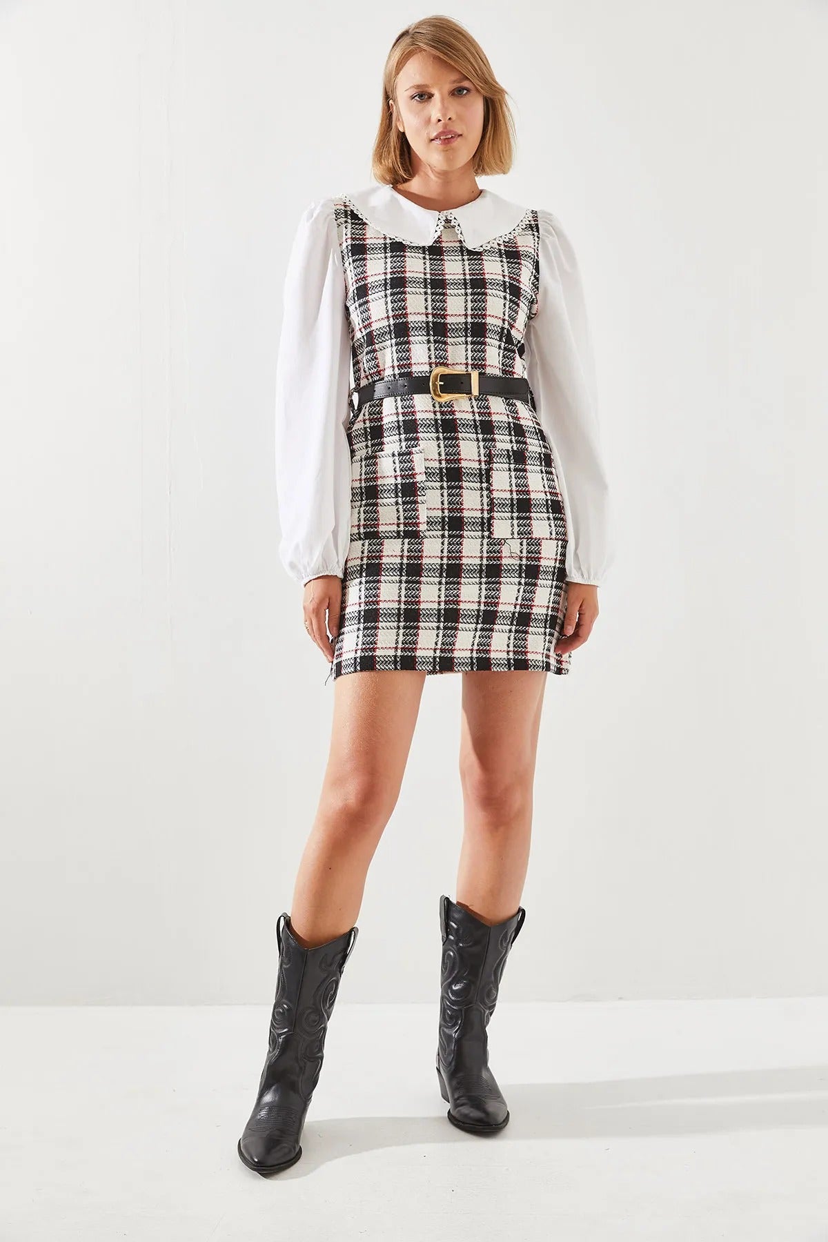 Women's Belted Plaid Collar Dress dress LUNARITY GARAGE