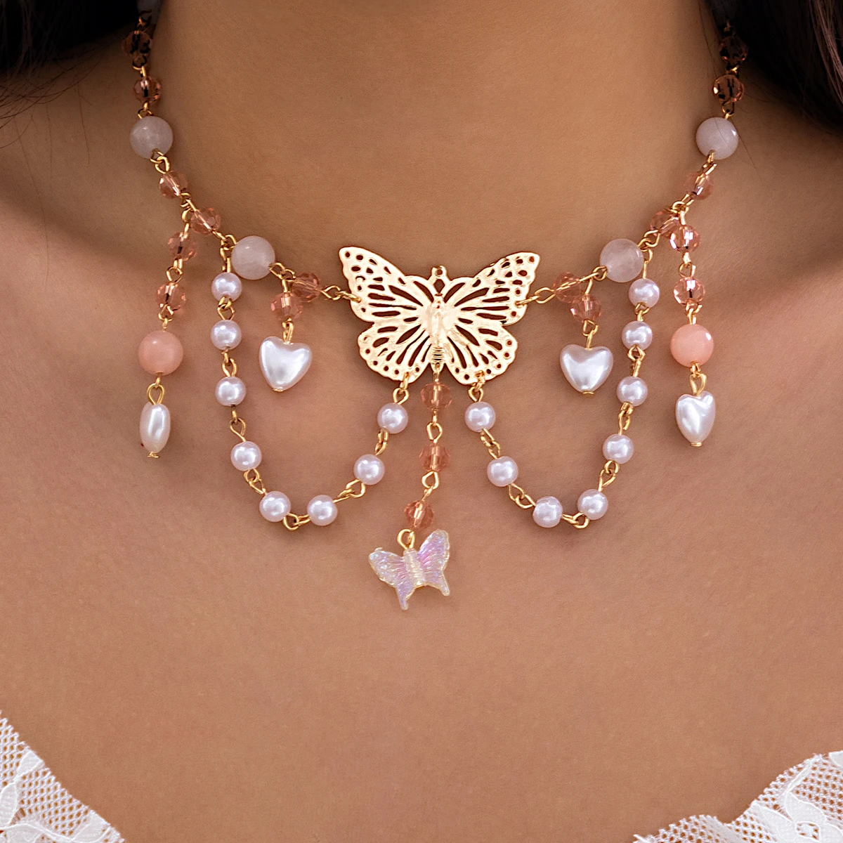 Butterfly Pendant Necklace with Baroque Heart Tassel Chain necklaces LUNARITY GARAGE