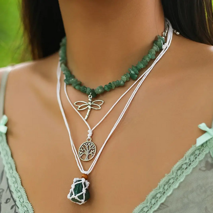 Boho Geometric Green Stone Chain Choker with Metal Dragonfly Pendant necklaces LUNARITY GARAGE   