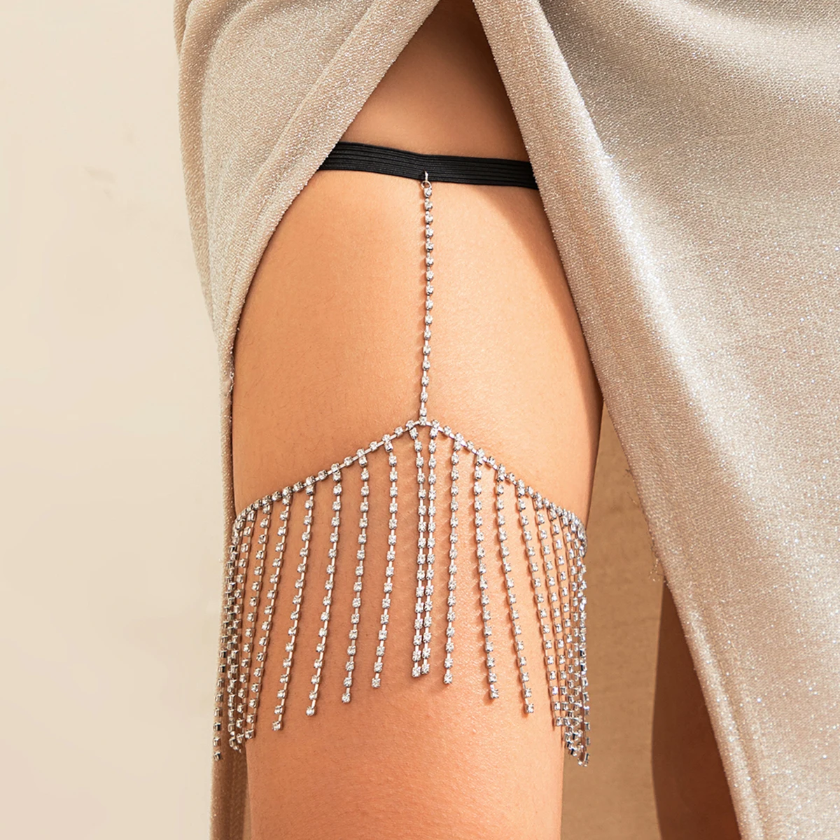 Black Elastic Thigh Chain with Exquisite Rhinestone Tassel leg Chain LUNARITY GARAGE