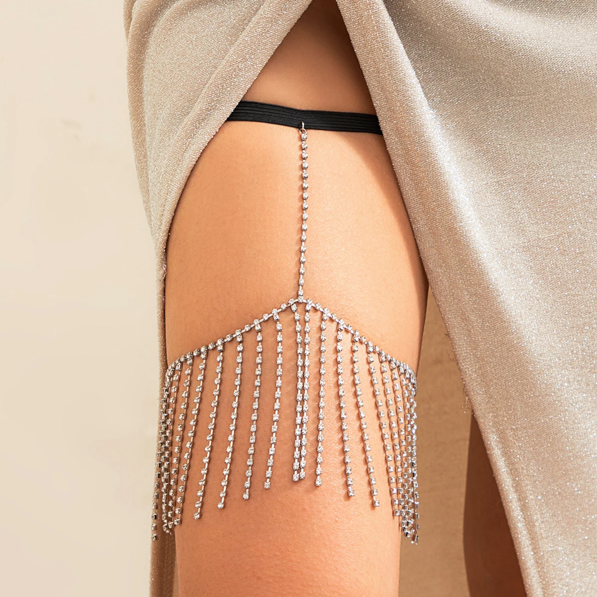 Black Elastic Thigh Chain with Exquisite Rhinestone Tassel leg Chain LUNARITY GARAGE   