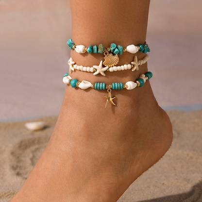 Boho Starfish Conch Green Stone Chain Anklet anklet LUNARITY GARAGE   